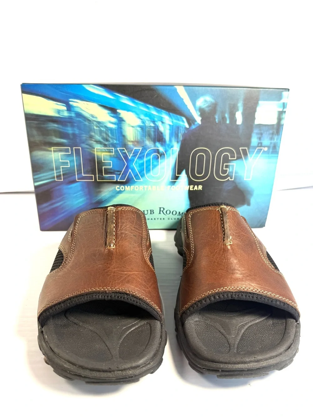 Club Room Men’s Brown Slip-On Leather Sandals with Black Footbed